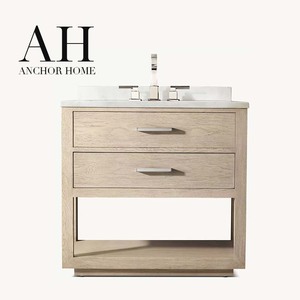 Meuble-lavabo de salle de bain moderne de luxe à vasque unique, avec comptoir en marbre <span class=keywords><strong>blanc</strong></span>, rangement en bois clair et robinetterie chromée, idéal pour hôtels et appartements - Product Image 1