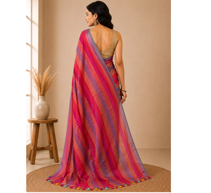 Elegante Sari de Algodón con Rayas Multicolores para Mujer, Tela Transpirable de Primera Calidad, Diseño de Lujo, Ropa Étnica de Moda - Product Image 4