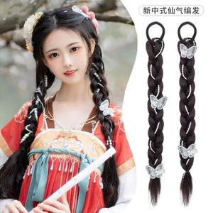 Peluca de cola de caballo estilo Hanfu con decoración de mariposa, pelo sintético negro, banda elástica alta para un look de princesa - Product Image 3
