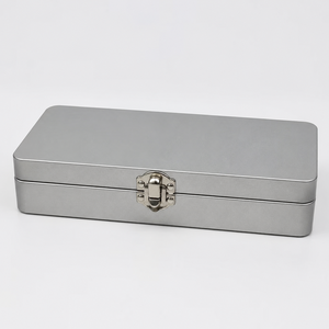 Custom Recyclable Eco-Friendly Long Rectangle Matte Silver <b>Metal</b> Tin <b>Box</b> Hinge Lock Latch Pen Tool Stationery Gift Set Storage - Product Image 5