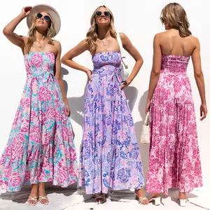 Oem Bohemian Ladies Long Strapless Print Ruffle Smocking Elastic Tube Top Bloom Printed Tie Up Waist Casual Holiday Maxi Dress