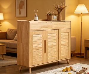 Modern Wood <b>Storage</b> <b>Cabinet</b> With Slatted Doors Scandinavian Style Living <b>Room</b> Furniture Freestanding Design - Product Image 2