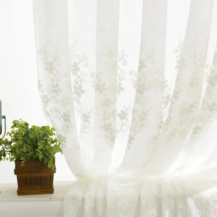 Tekstil Rumah Elegan Bordir Bunga Poliester Turki Putih 110 Inci Tirai Panjang Cortinas Para Sala Ruang Tamu