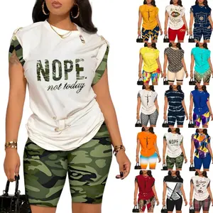 Different Printing Women Summer 2 Piece Outfit with Pin High Quality T Shirt and Biker Shorts Sets