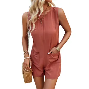 Summer Sexy Sleeveless Holiday Romper Casual Bohemian Playsuits Fashion O Neck Straight Short Jumpsuit Oversized Pocket Overalls
