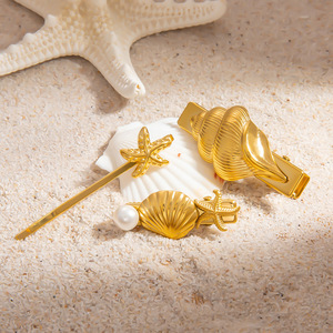 Stainless Steel Hair <b>Clips</b> Ocean Theme Star Seashell Floral Design Gold Plated Women Daily Wear Pointed Nose <b>Clip</b> - Product Image 3