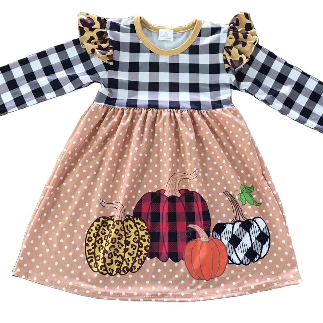 Children's clothes skirt long sleeve leopard print rotator sleeve black and white plaid Halloween pumpkin print girl dress set