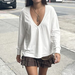 Top informal de algodón transpirable de manga larga con cuello de pico holgado y holgado para mujer, precio de fábrica, novedad de 2025 - Product Image 1