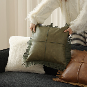 장식용 탑 스티칭과 프린지 베개 케이스가있는 PU 가죽 패치/ - Product Image 2