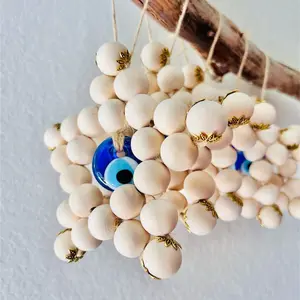 Wooden bead pentagonal star shaped pendant, blue eye guardian talisman, door handle, wall mounted minimalist home decoration