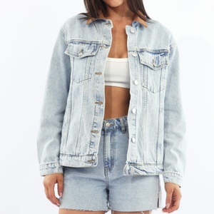 Hot Selling Custom Logo <b>Denim</b> <b>Jacket</b> Women Oversized Fit Contrast Collar Long Sleeve Light Wash Button Casual Vintage - Product Image 1
