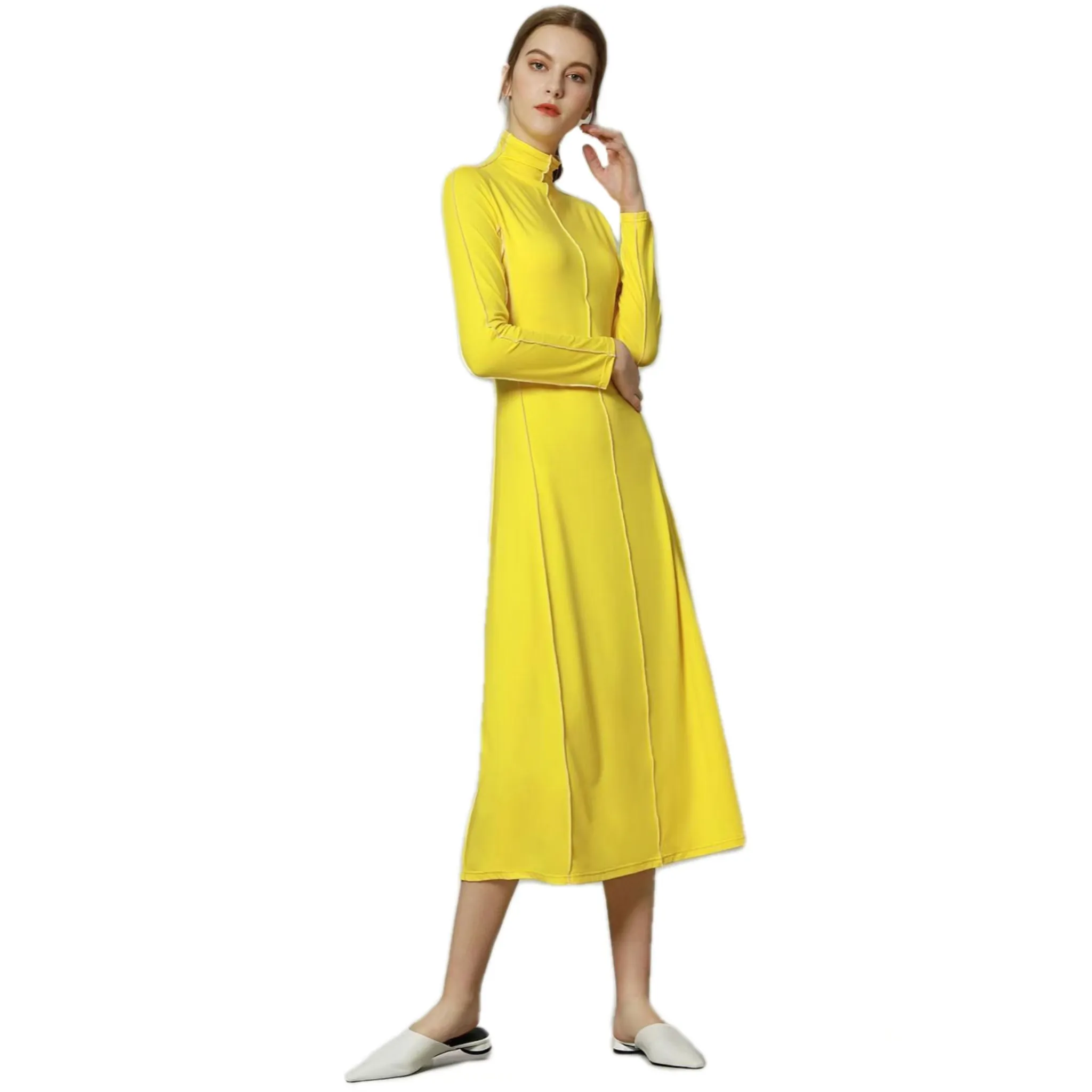 Factory Outlet Disesuaikan Kualitas Tinggi Turtleneck Gadis Kasual Mode Gaun Warna Solid Rok A-line