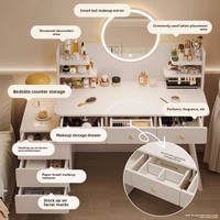 Table de toilette de chambre à coucher moderne et simple avec tiroirs de rangement, miroir rond et tabouret de maquillage inclus - Nouveau style 2025 pour petit appartement