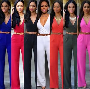 Macacão Feminino Sem Mangas com Decote em V e Calças Largas Soltas com Cinto, Roupa Irregular em Cor Sólida Sexy - Product Image 3