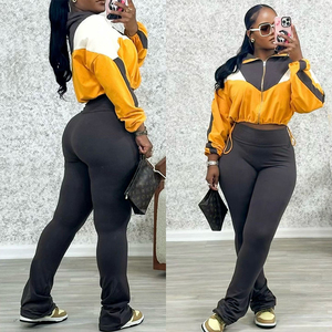 Conjuntos a juego con logotipo personalizado, conjunto de dos piezas con parte superior de bloque de color, ropa de mujer, ropa deportiva, mallas acampanadas, conjuntos de entrenamiento para mujer - Product Image 3