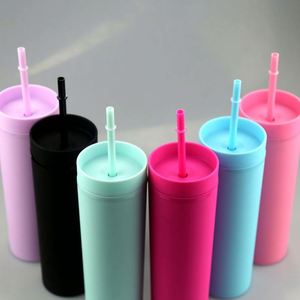 Gobelets minces en plastique mat style nordique 16 oz à double paroi, 6 couleurs, portables, en acrylique, avec paille - Product Image 2