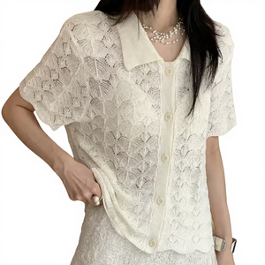 Verano nuevo ocio hueco semitransparente cuello vuelto manga corta, cárdigan de punto de manga corta de moda de Color sólido para <span class=keywords><strong>mujer</strong></span> - Product Image 1