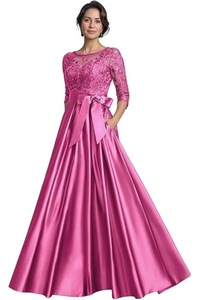 <span class=keywords><strong>Vestido</strong></span> de Noche Largo de Satén con Apliques de Encaje y Manga 3/4 <span class=keywords><strong>para</strong></span> <span class=keywords><strong>Boda</strong></span>, Cuello Redondo, <span class=keywords><strong>Vestido</strong></span> de Gala, Vestidos <span class=keywords><strong>para</strong></span> la Madre de la Novia - Product Image 3