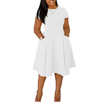 Nouvelle Robe Décontractée Femme Été 2026 à Col Ras du Cou, Manches Courtes, Coupe Trapèze, Longueur Mi-Mollet, Taille Naturelle, Grande Taille, Coupe Ajustée, avec Poches et Logo Avant