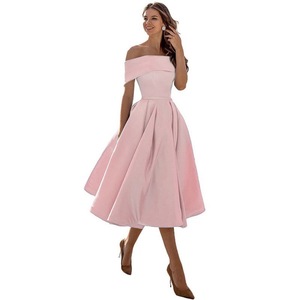 Off The Shoulder Satin A Line Midi Dress For Women Party Evening Wear - Product Image 1