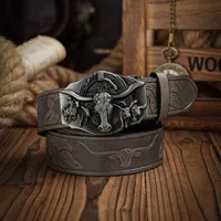 Western Cowboy PU Cinturón de cuero-Moda Casual Remaches Metal Western Beaded PU Cinturón Aleación Bull Head Hebilla Cinturones para hombres