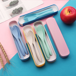 Eco-friendly Wheat Straw Cutlery <b>Set</b> Portable Travel Flatware 3pcs Spoon Fork with Case for Kids School Camping Reusable Utensil - Product Image 2