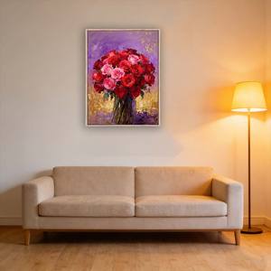 Impression d'art mural peinte à la main sur toile sur le thème de la nature morte florale avec des roses dans un vase bleu |   Toile encadrée pour décoration murale | - Product Image 1