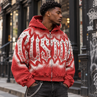 Hoodie court vintage personnalisé délavé à l'acide pour homme, imprimé graphique, détails cloutés métalliques, fermeture éclair, poignets côtelés, collection streetwear de marque