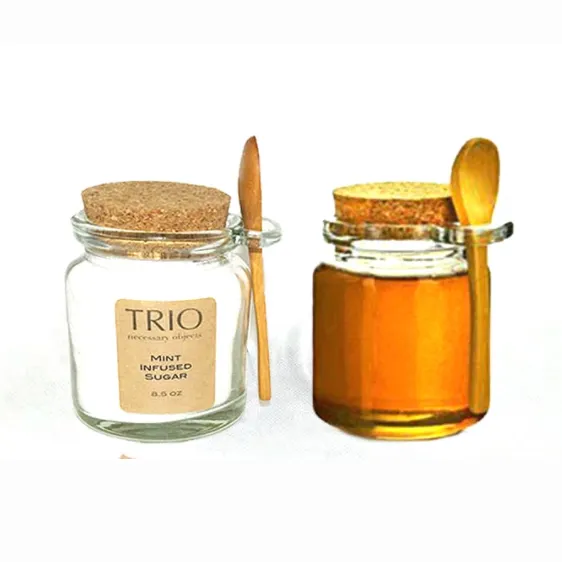 Venta al por mayor, caja con logotipo personalizado, tarros de miel de vidrio único con madera, 4oz, 250ml, botellas de almacenamiento y tarros, tapa multifunción moderna