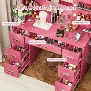 LED lighting mirror, power socket, 3 model lights, 7 drawers, 6 bedroom <b>storage</b> shelves, <b>dressing</b> <b>table</b> - Product Image 3