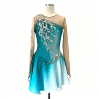 Robe de patinage artistique dégradé turquoise avec strass, manches longues en maille, costume de performance pour enfants et adultes, tenue de compétition