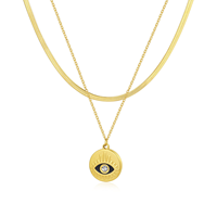 Collier à double couche vintage tendance avec chaîne chevrons, plaqué or 18 carats PVD, pendentif œil du diable en zircone