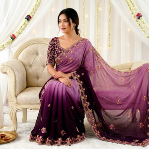 Sari de Seda Morado Bordado de AARA Fashion para Mujer, Estilo Tradicional Indio/Pakistaní, Largo hasta el Suelo, Corte Regular, para Adultos - Product Image 1
