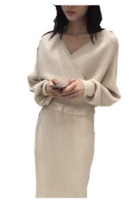Robe en tricot sexy à col en V K806 pour femmes, robe pull à manches chauve-souris en deux pièces, robe élégante pour femmes, robe moulante mi-longue - Product Image 5