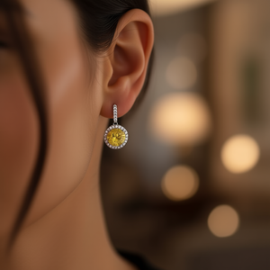 Orecchini Pendenti Classici con Zircone Giallo, Placcati in Rodio, Gioielli da Festa per Donne, Taglio Brillante Rotondo con Incastonatura Circolare - Product Image 2