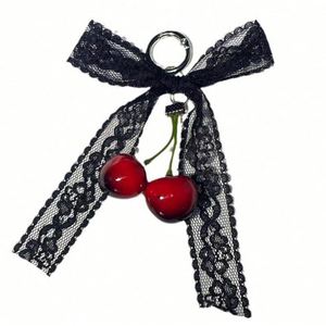 Fashion Pearl Lace Bow Red Cherry Keychains Summer Fruits Cherries Cherry <b>Charm</b> <b>Keyring</b> for Women's Bag Accessories Gift - Product Image 1