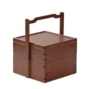 Caja de comida de bambú de doble capa estilo antiguo, cesta de bambú portátil para picnic y aperitivos, caja de comida estilo folclórico para hotel, para cine y - Product Image 5