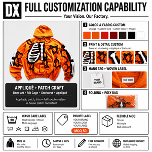 <span class=keywords><strong>Felpa</strong></span> <span class=keywords><strong>con</strong></span> Cappuccio Oversize da Uomo in Stile Americano Retrò <span class=keywords><strong>con</strong></span> Applicazione <span class=keywords><strong>Scheletro</strong></span> Fiammeggiante, Lussuosa, 450 GSM, Pesante, Lavata, Arancione, Streetwear - Product Image 5