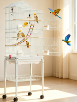 Grande cage à oiseaux en fer sur roulettes avec toit, pour calopsites, perruches, agapornis, avec étagère de rangement amovible