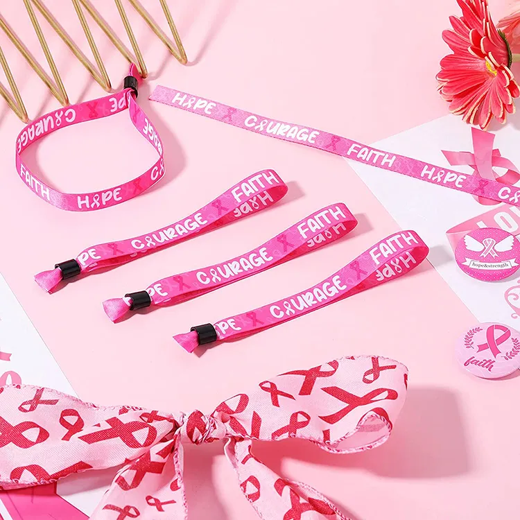 Pulseiras de câncer de mama, pulseiras personalizadas de tecido de tecido rosa, para inteligência do câncer de mama, pulseiras de coragem de força fé