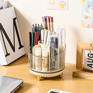 <b>Rotatable</b> Pen Holder Transparent Compartmentalized <b>Desk</b> Organizer For Student Study Pencil Storage Box 13.5x13.5x12.5cm Plastic - Product Image 4