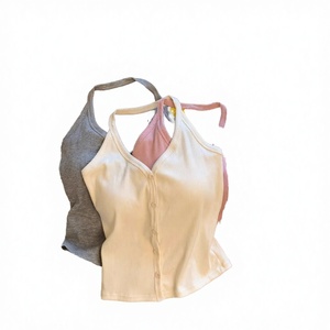 Top Corto de Punto Ecológico con Lazo Halter y Abotonadura Sencilla para Mujer, Ajuste Delgado, Primavera Verano, Capa Base Corta - Product Image 2