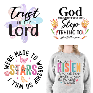 Colorato fede gesus dio religioso bibbia verso affermazione spiriti ferro su trasferimenti DTF adesivi pronti a premere borse t-shirt - Product Image 1