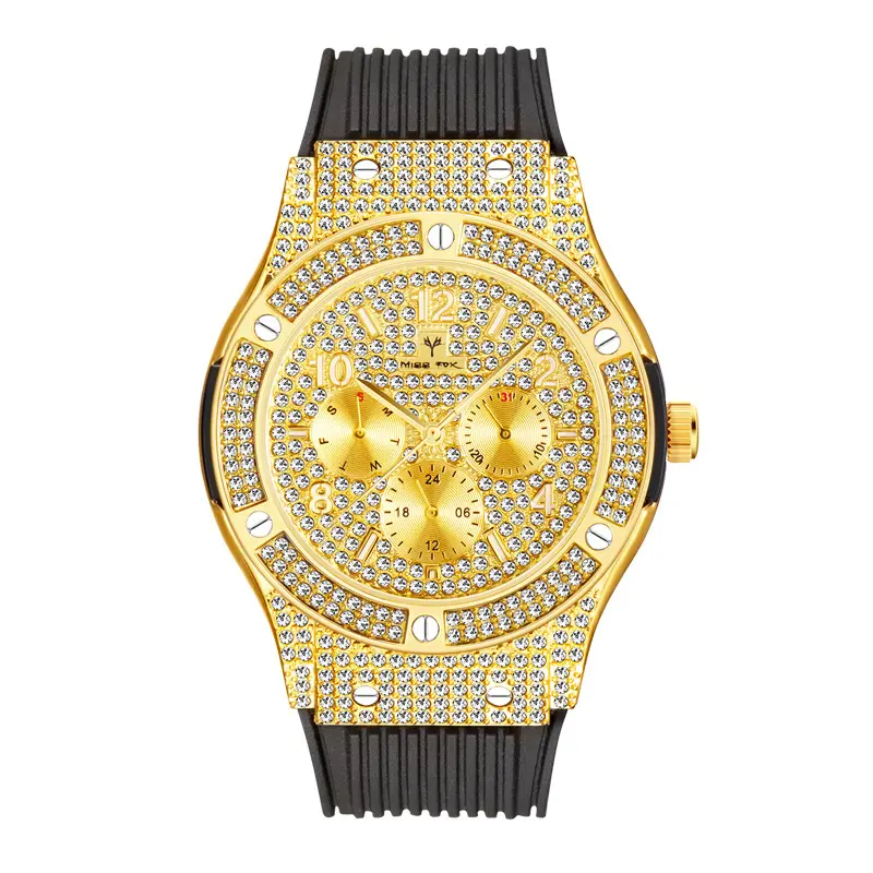 Relógio masculino de algarismos arábicos, relógio personalizado de hip hop, relógio masculino de luxo, pulseira de borracha de alta qualidade