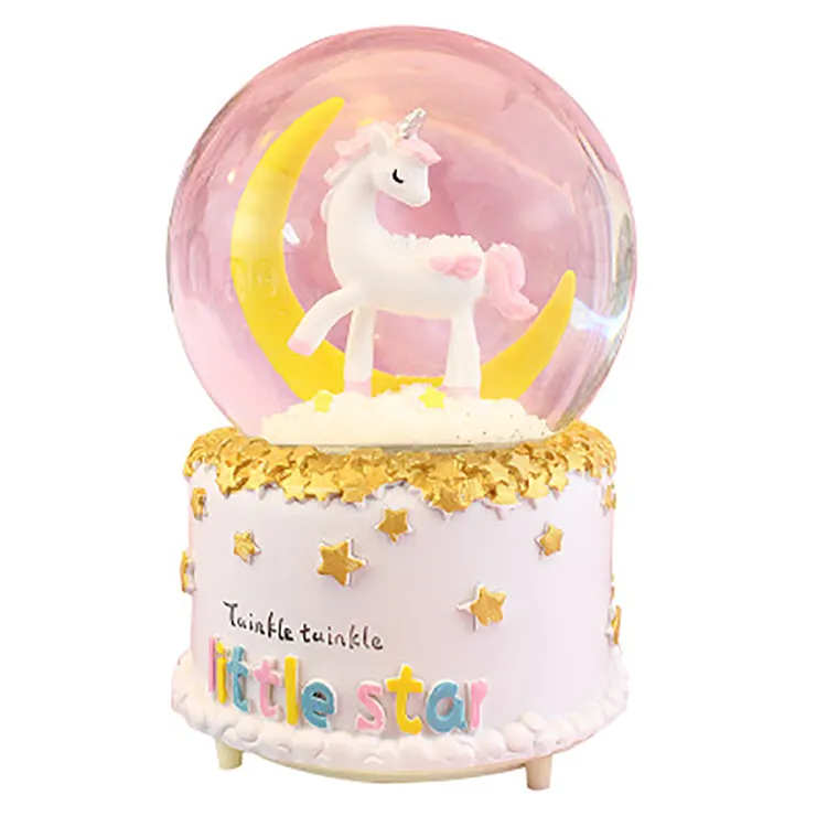Creatieve Maan Dromerige Witte Paard Spinning Met Lights Snowflake Waterpolo Muziekdoos Student Gift Eenhoorn Crystal Ball
