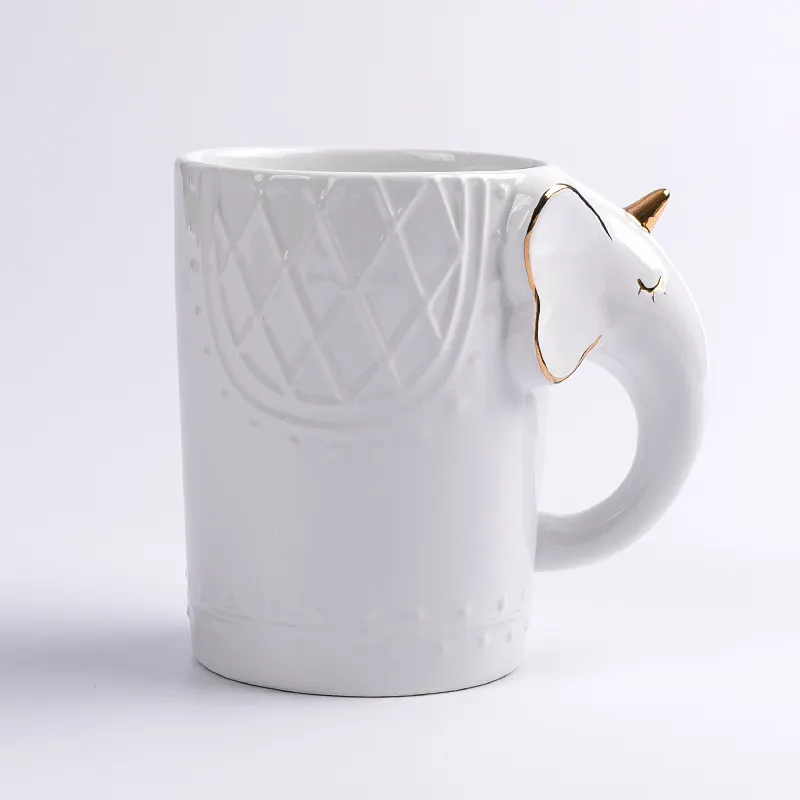 White Ceramic Coffee or Tea Mugs: Elephant Coffee Mug with Hand Printed Gold Designs Gift & Crafts