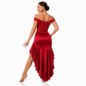 Vestido de fiesta para mujer, estilo tango <span class=keywords><strong>argentino</strong></span>, con volantes asimétricos, hombros descubiertos, satén elástico de 220 g/m², venta al por mayor, OEM personalizado - Product Image 3
