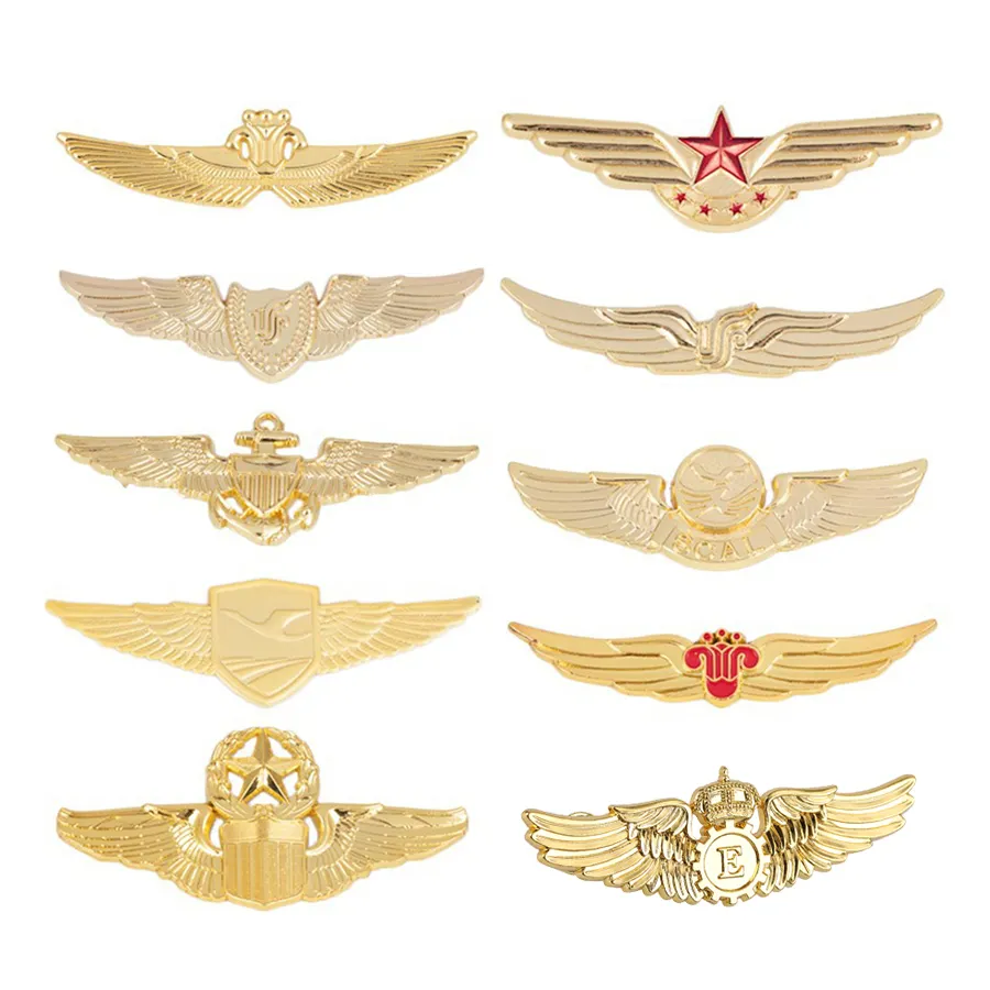 High quality logo custom design embossed 3d enamel pins gold plating engraved airline wings metal badge for clothing