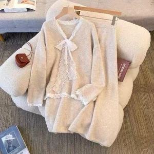 Conjunto de Suéter Tejido para Mujer, Cárdigan de Encaje de Dos Piezas, Color Sólido, Otoño Invierno, Conjunto de Punto de Algodón, ZY206 - Product Image 1