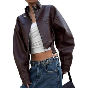 Chaqueta Bomber Corta Personalizada 2026 de Cuero PU Tejido para Mujer, Manga Larga, Cuello Alto, Cremallera, Estilo Moto, Relleno 100% Poliéster, Otoño - Product Image 4
